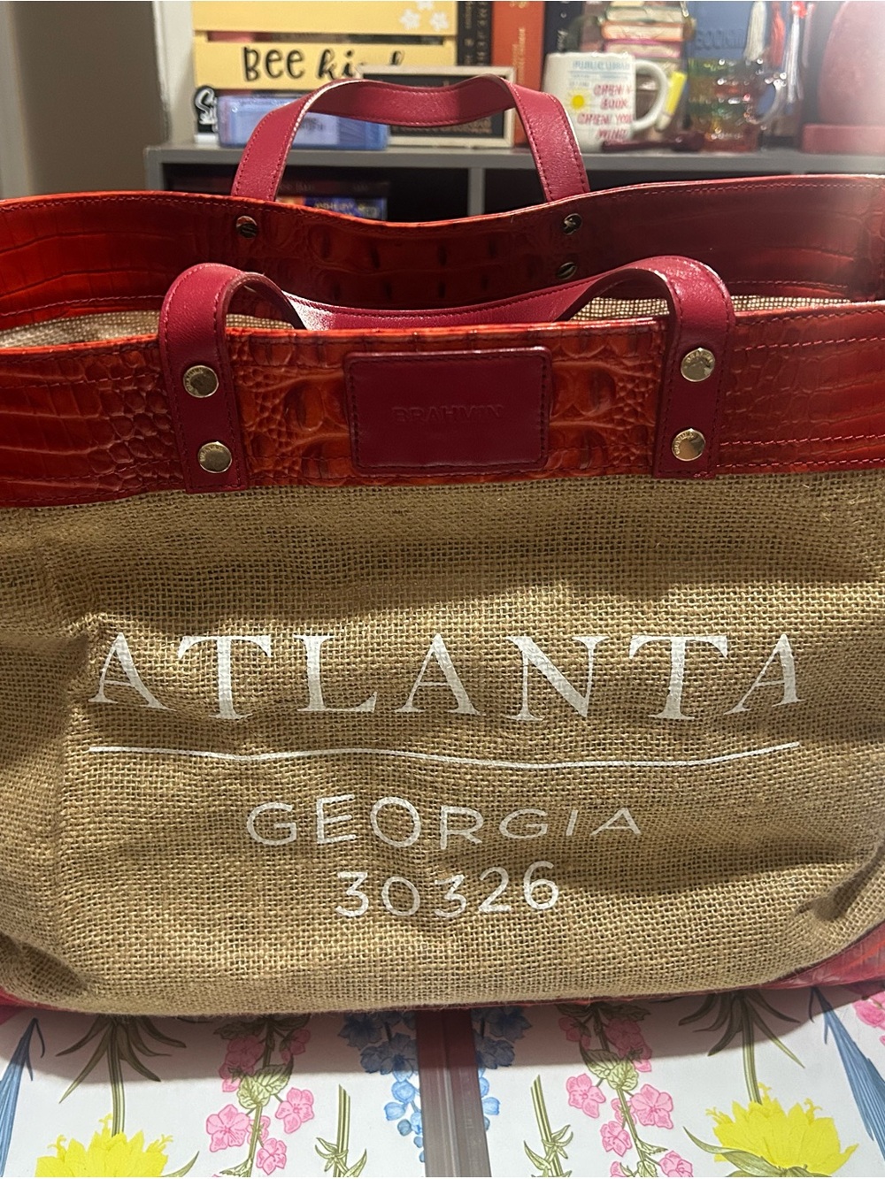 Brahmin Burlap Tote with Red Faux-Croc Trim